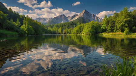 Panoramic view of the mountain lake with reflection in the water