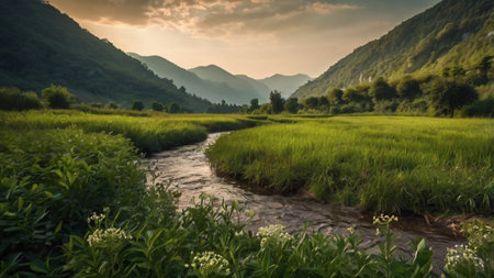 Landscape of rice field and mountain with river at sunset time.