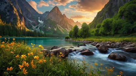 Beautiful summer landscape with mountain river and flowers in the foreground.