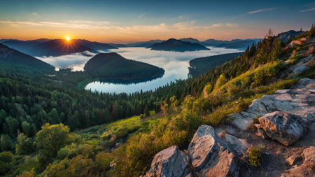 Panoramic view of mountain lake at sunset. Beautiful summer landscape.