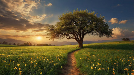 Sunset over a tree in a field of daffodils