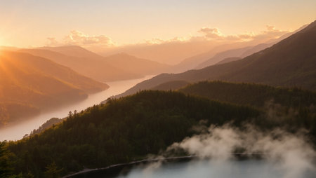 Aerial view of a lake in the mountains at sunset with fogの写真素材