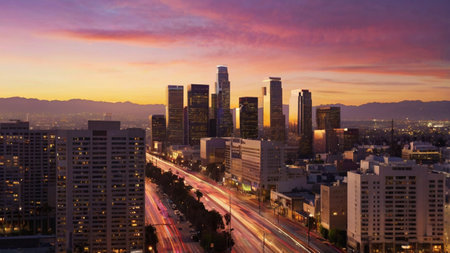Los Angeles cityscape at sunset, California, United States of America