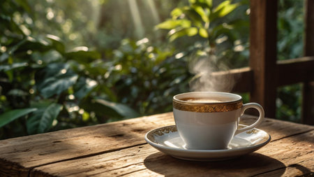 Coffee cup on wooden table in coffee shop, stock photoの写真素材