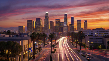 Los Angeles skyline at sunset, California, USA. Long exposure.