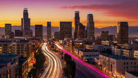 Los Angeles, California, USA downtown cityscape at dusk with car light trails.