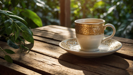 Cup of coffee on wooden table in coffee shop with natural background.