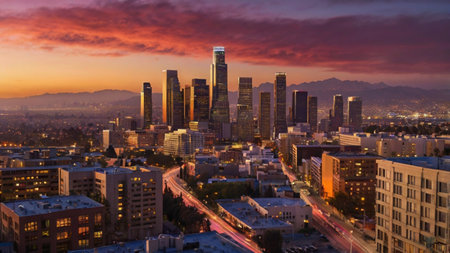 Los Angeles downtown skyline at dusk, California, United States of America.の写真素材