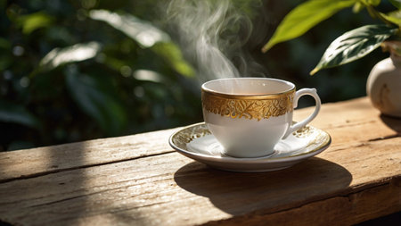 Coffee cup on wooden table in the garden, stock photoの写真素材
