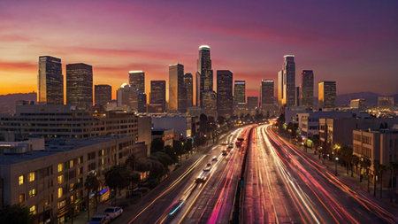 Los Angeles downtown skyline at dusk, California, United States of Americaの写真素材