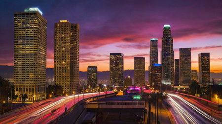 Los Angeles, California, USA downtown skyline at dusk. Long exposure.の写真素材