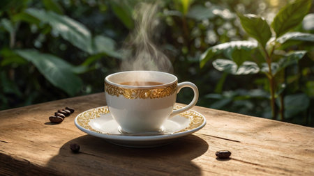 Coffee cup on wooden table in coffee shop, stock photo