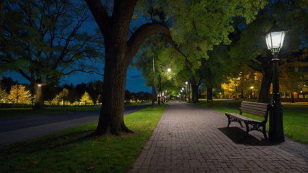 City park at night with lanterns, benches and trees. Landscape.の写真素材