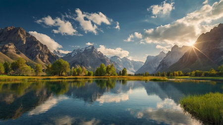 Mountains reflected in the lake. Beautiful natural landscape. Panoramic view.の写真素材