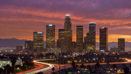 Los Angeles skyline at dusk, California, United States of America.
