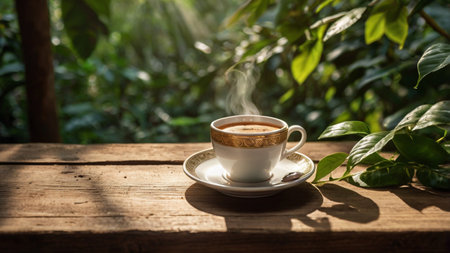 Cup of coffee on wooden table in coffee shop with nature backgroundの写真素材