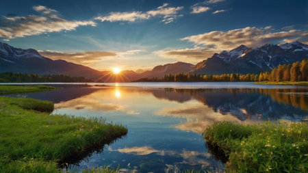 Beautiful alpine lake with reflection of mountains and sky at sunsetの写真素材