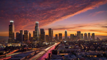 Panoramic view of Los Angeles skyline at sunset, California, USAの写真素材