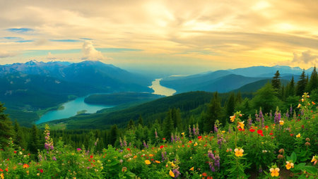 Mountain landscape with flowers and lake at sunset. Beautiful natural background