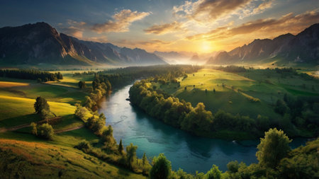 Fantastic summer landscape with river and mountains. Dramatic scene.