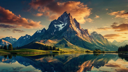 Matterhorn mountain reflected in the lake, Switzerland, Europe.の写真素材