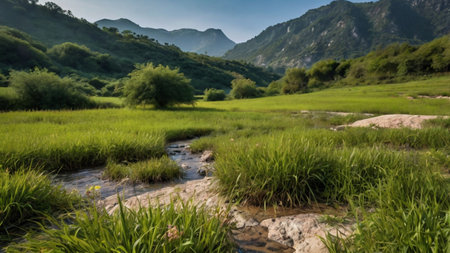 Rice field in the mountains. Beautiful landscape with green meadows and mountains.の写真素材