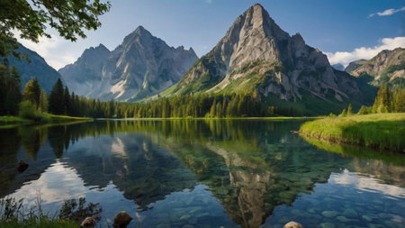 Mountain lake in the Dolomites with reflection of the peaks