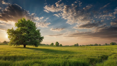 Lonely tree on the meadow at sunset, panoramaの写真素材