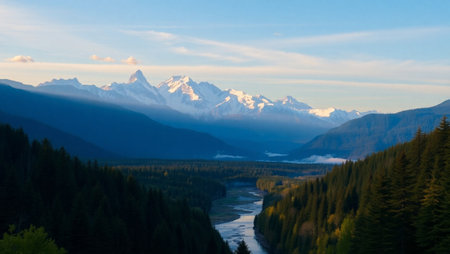 Mountain landscape with forest and river at sunsetの写真素材