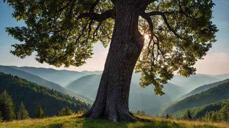 Beautiful summer landscape with old oak tree in the mountains at sunriseの写真素材