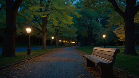 Bench in the autumn park at night with lanterns and trees on the background