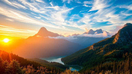 Sunset over Lake Louise, Canada. Panoramic viewの写真素材