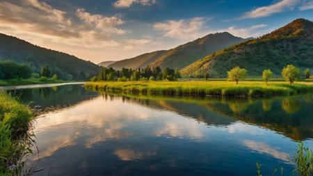 Mountain lake in the evening. Landscape with a beautiful sky.