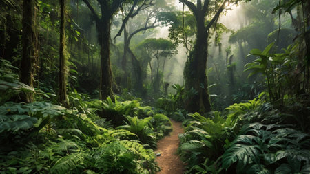 Tropical rainforest with fog and sunlight in the morning.の写真素材