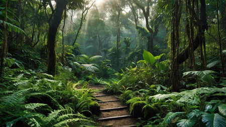 tropical rainforest with wooden stairs and ferns in the morning