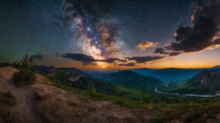 Milky way over the mountains at sunset. Beautiful nature landscape.の写真素材
