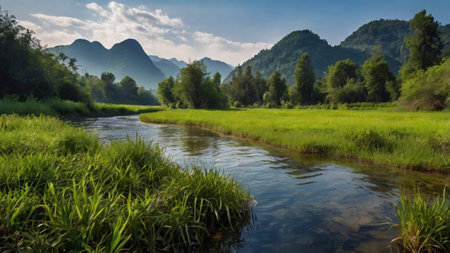 Panoramic view of rice fields and mountains in Vang Vieng, Laos