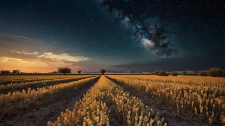 Milky Way over wheat field at night. Starry sky.