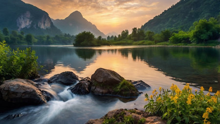 Beautiful mountain landscape with river and forest at sunrise in summer.