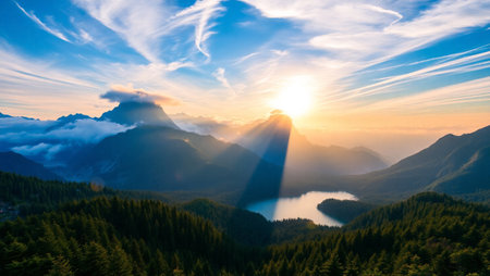 Sunset in the mountains. Landscape with mountains and lake.