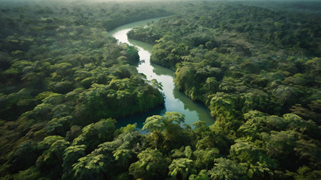 Aerial view of a green tropical forest and a river in the middle