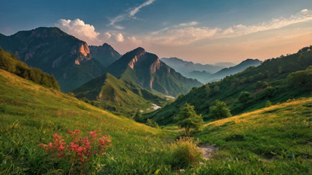 Beautiful summer landscape in the mountains at sunset. Panoramic viewの写真素材