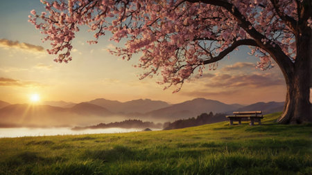 Cherry blossoms on a hillside with a bench at sunriseの写真素材