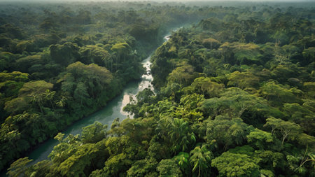 Aerial view of a river flowing through a tropical rainforest.の写真素材