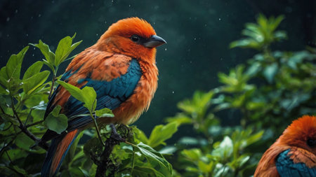 beautiful red bird in the rain, closeup of photo.