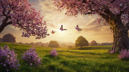 Beautiful spring landscape with blooming sakura and flying butterflies.