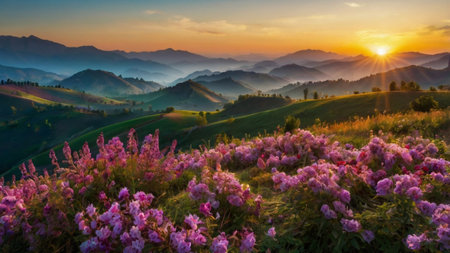 Sunset over Rhododendron flowers in the Carpathian mountainsの写真素材