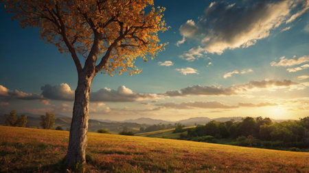 Autumn landscape with a lonely tree on the hillside and sunset