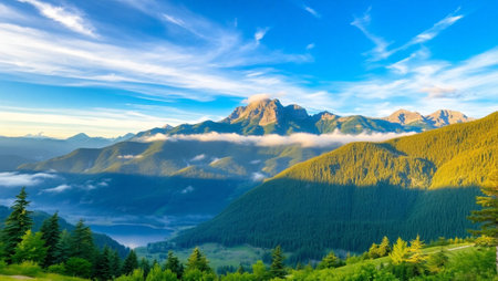 Panoramic view of the mountains in the clouds. Carpathians, Ukraine.の写真素材