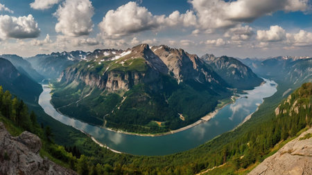Panoramic view of the lake in the mountains. Summer landscape.